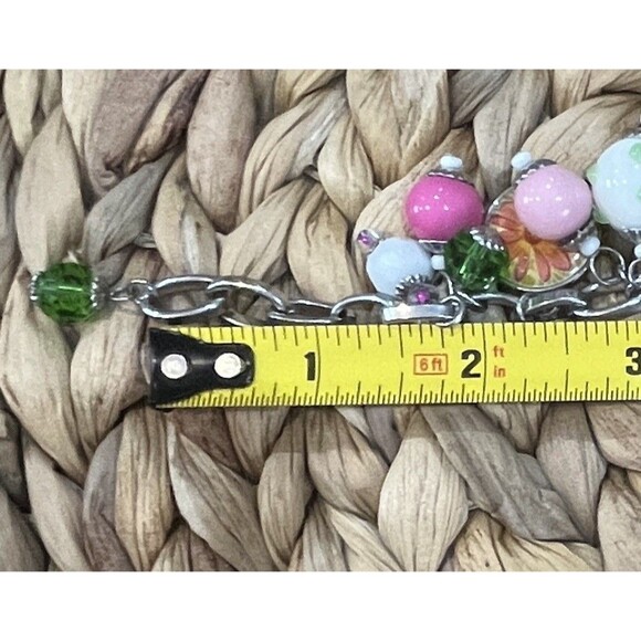 VTG Y2K Charm Cha Cha Bracelet Lampwork Glass & Floral Beads Silver Tone 7-8.25 - Picture 8 of 9